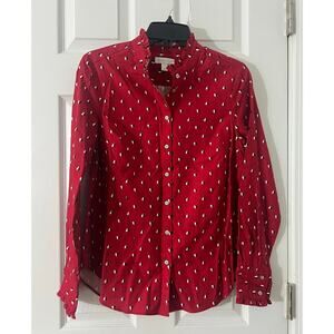 Charter Club Top Red Hearts Eyelet Cuff Long Sleeve Supima Cotton Sz S Small NWT